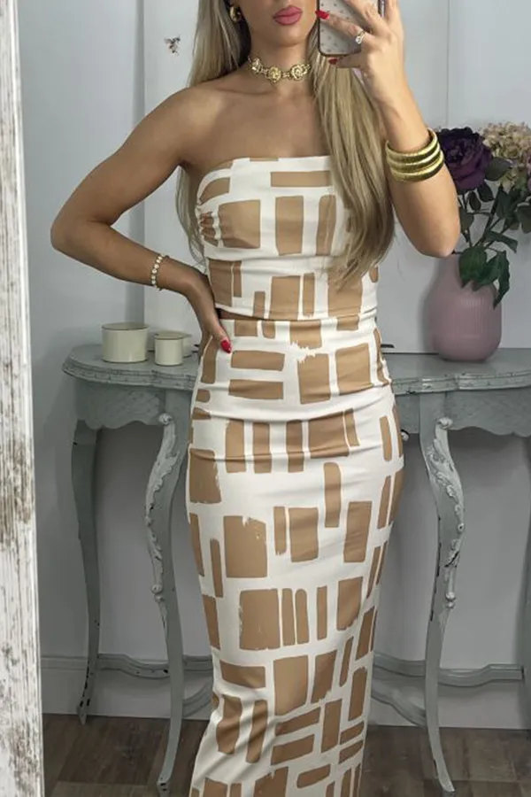 Camel Heart Mosaic Fashion Tube Top and Skirt Set