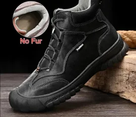 Fashion Genuine Leather Winter Warm Fur Men Boots Waterproof Lace Up Non-Slip Comfortable Hiking Boots Size 46