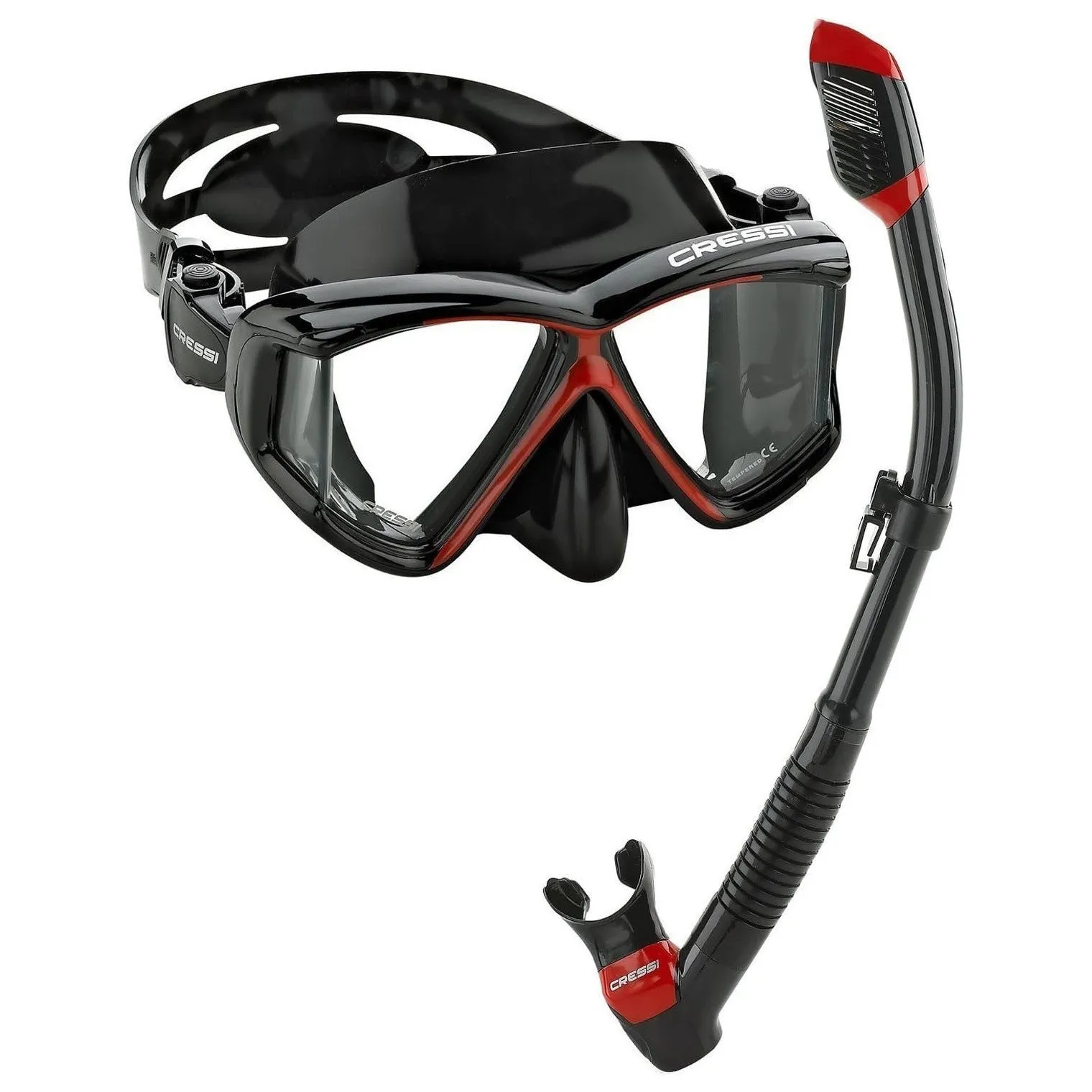 Used Cressi Pano 4 Dive Mask and Supernova Dry Snorkel Combo - Black/Red